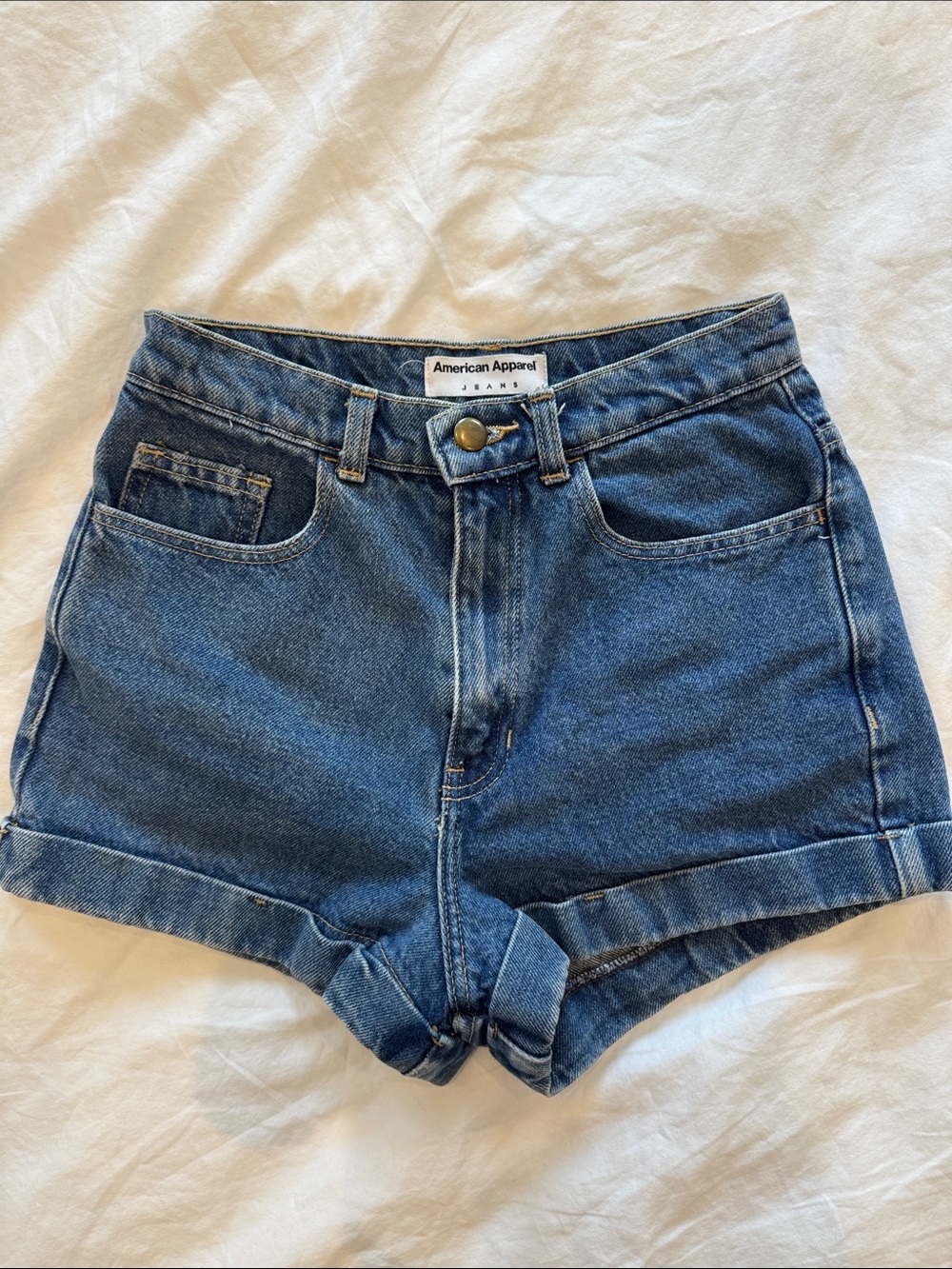 American Apparel Dark Blue High-Rise Cuffed Denim Shorts